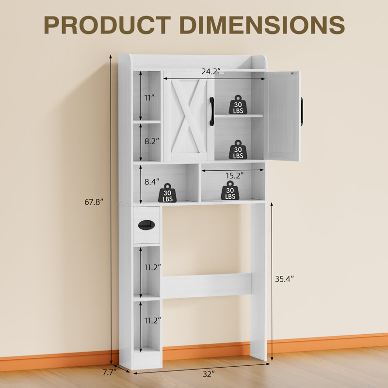 32'' W  Freestanding Over The Toilet Storage with Height Adjustable Shelf, White