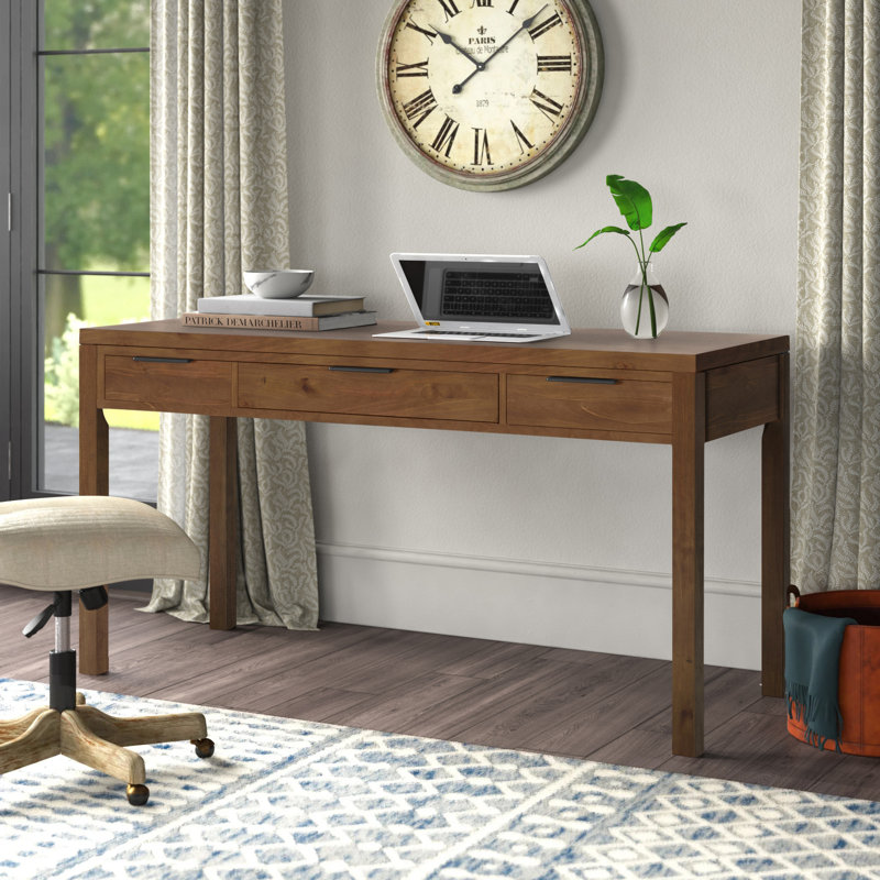 Hollander 60"W Solid Wood Large Desk, Contemporary Style with Keyboard Tray and 2 Drawers, Medium Saddle Brown