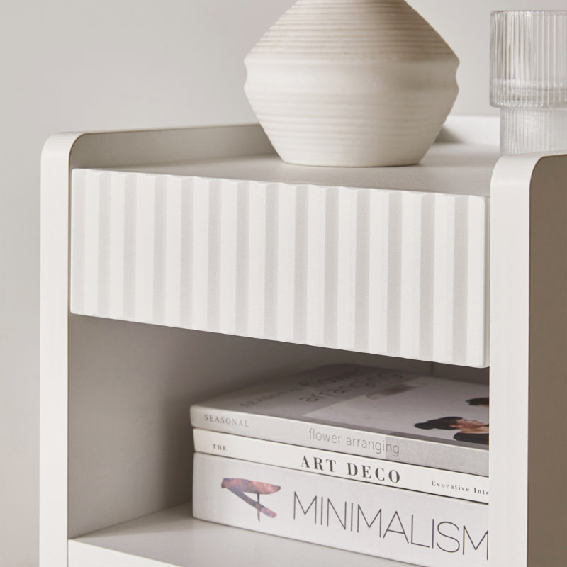 Fluted Nightstand With Drawer And Open Storage Shelf, White