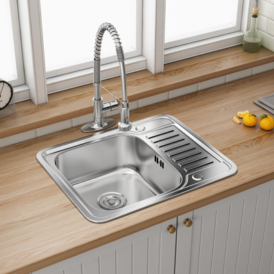 Belfry Kitchen Shaunta 480mm W Single Bowl Stainless Steel Kitchen Sink with 2 Faucet Holes