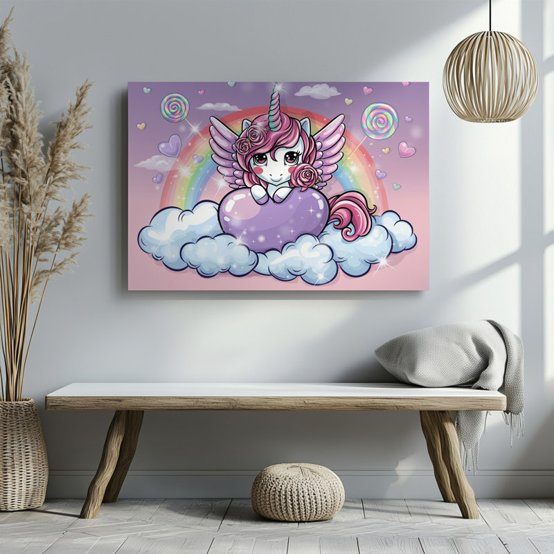 Toile, scène fantaisiste mettant en vedette une licorne mignonne avec une art mural fluide, crinière rose ornée de roses perchées sur un grand art mural