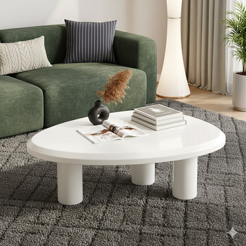 Modern Triangular Cream-White Low Coffee Table with a Three-Leg Design, Suitable for Living Rooms