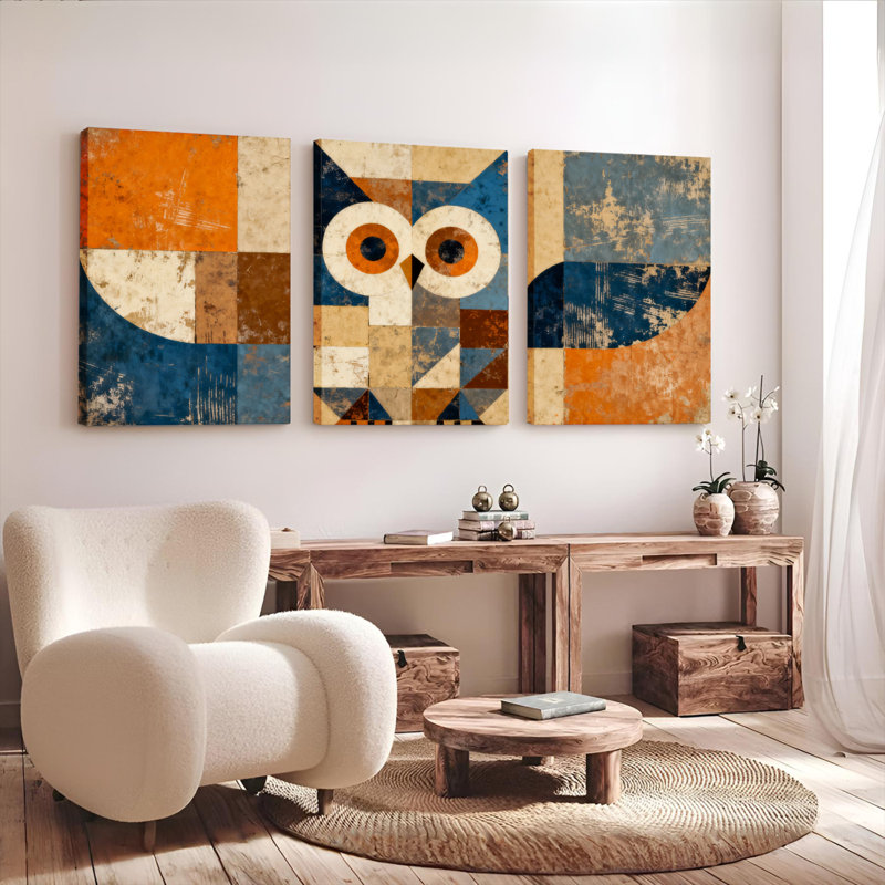Tableau abstrait géométrique hibou sur toile tendue (lot de 3), H 18 po x l 36 po