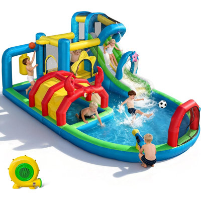 Toboggan aquatique gonflable pour enfants de 3 à 12 ans : parc aquatique gonflable 8 en 1 sur le thème de l'océan avec souffleur de 550 W pour une fête d'anniversaire en plein air