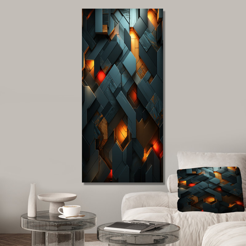 Vert et or élégant géométrique foncé II - art mural abstrait, Toile tendue, H 60 po x l 28 po x P 1,5 po