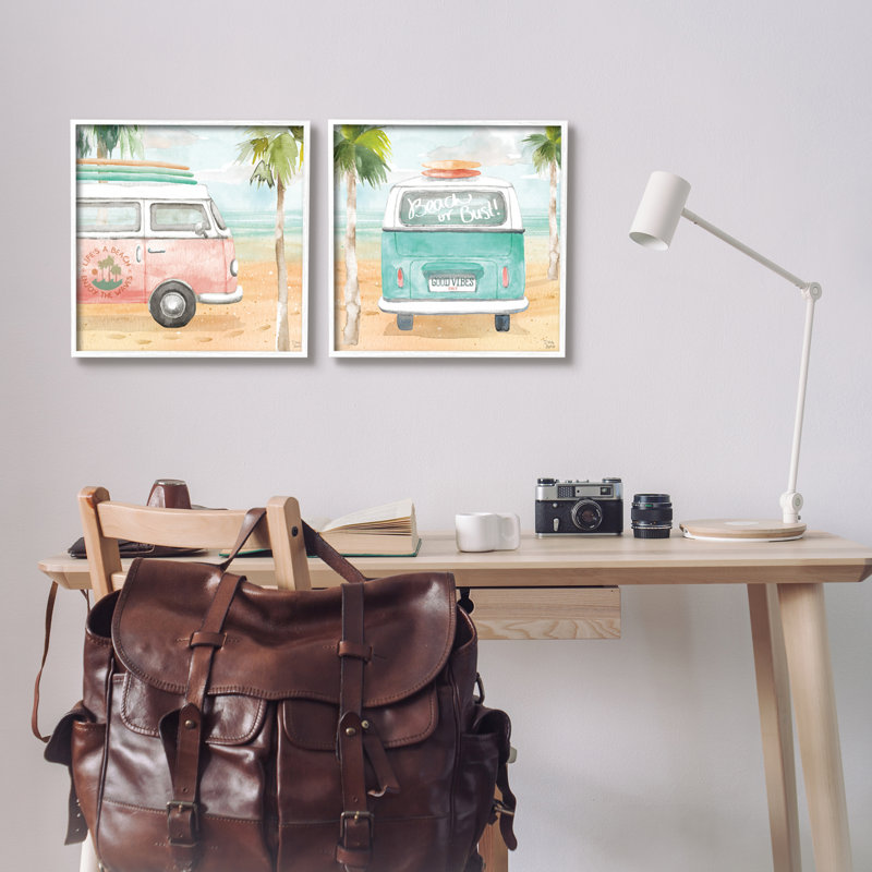 «Tropical Beach Holiday Van» par Dina June, ensemble de 2 peintures sur bois, H 17 po x l 34 po x P 1,5 po