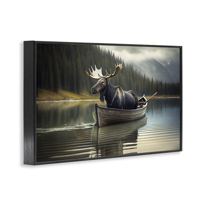 «Moose in Canoe Tranquility», estampe numérique, conception de Sasha, H 12 po x l 18 po, Giclée encadrée noir minuit