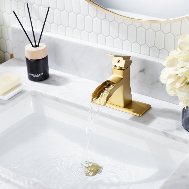 Robinet pour salle de bain à poignée simple avec drain, Or brossé