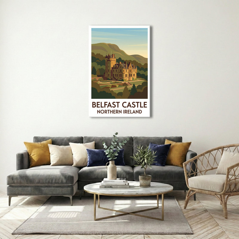 Belfast Castle, Northern Ireland - Romantic Travel Poster of the Castle on Cave Hill. Giclee Print on Wrapped Canvas. Wall Art, Home Decor - Castles & Palaces, Northern Ireland 1 Piece Wrapped Canvas Wall Art