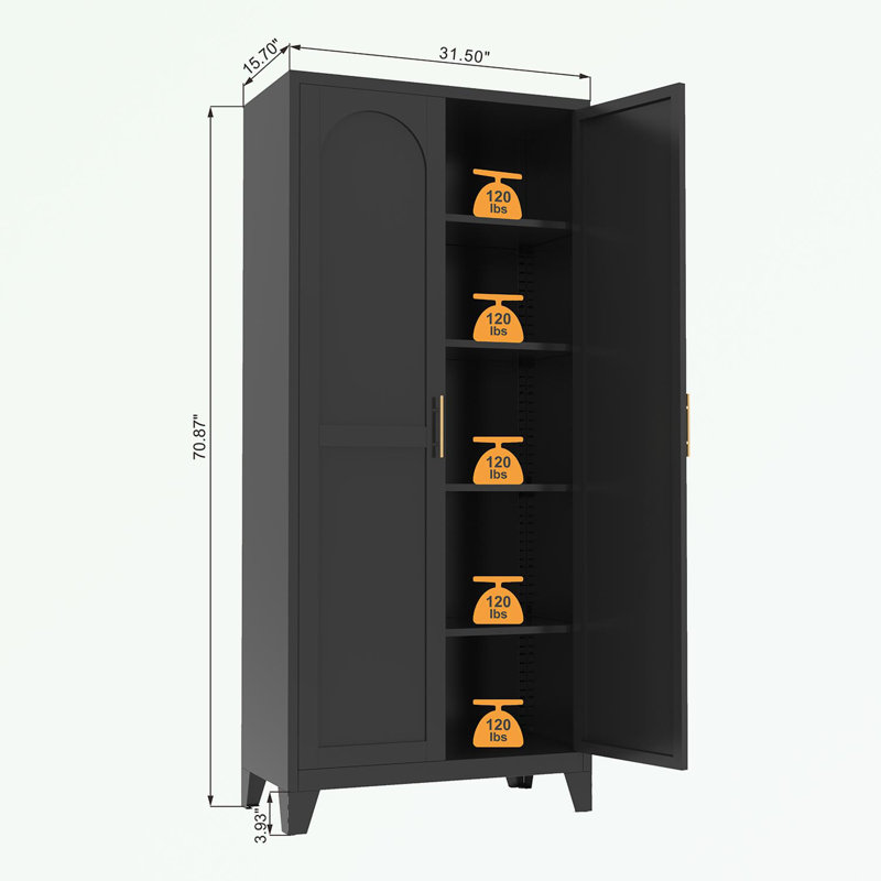 Armoire de rangement en métal avec portes et tablettes réglables, Noir, Doré