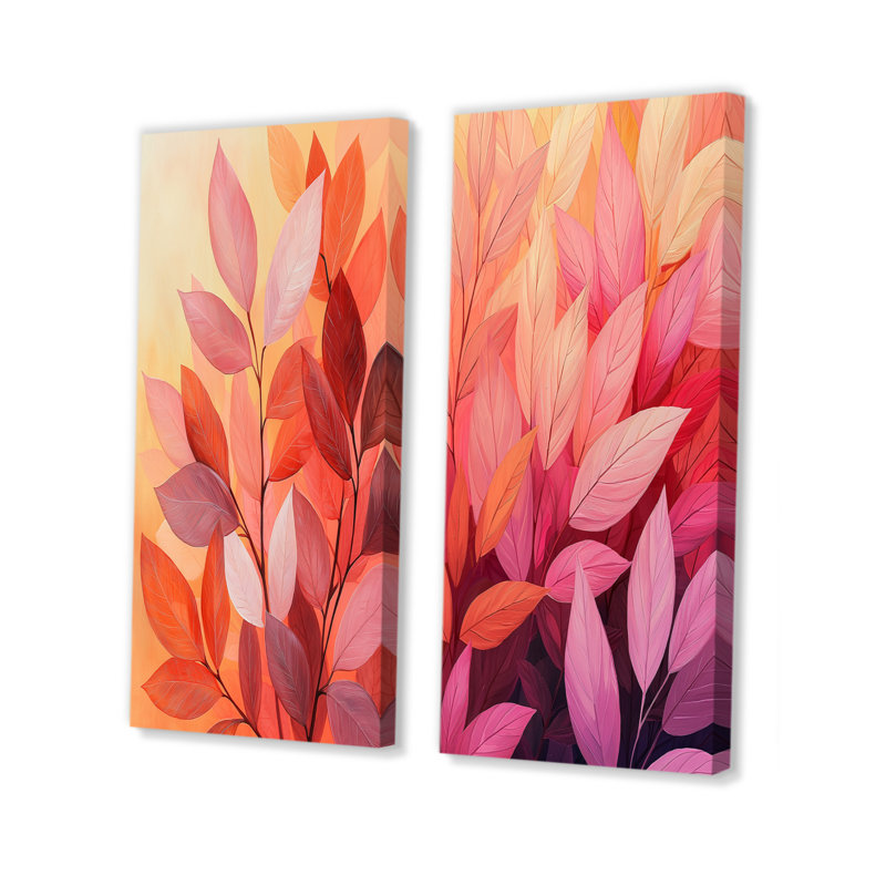 Feuilles de corail dansant de la forêt I - art mural floral 2 panneaux, H 28 po x l 25 po, Toile tendue