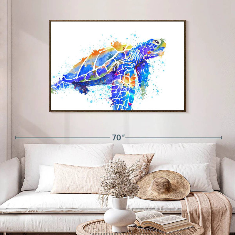 Aquarelle de tortue de mer, 46 po x 31 po, Cadre flottant noyer
