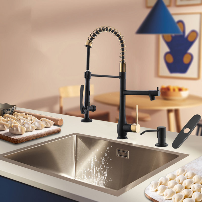 Double-Headed Single-Handle High-Pressure Kitchen Faucet, With Pull-Down Sprayer And Soap Dispenser., Black/Gold