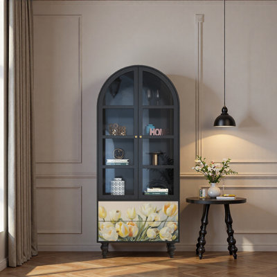 Floral Solid Wood Glass Display Cabinet