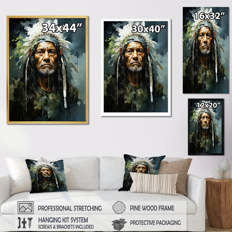 «Native Sioux Chief Portrait», reproduction sur toile, Toile tendue, H 32 po x l 24 po x P 1 po