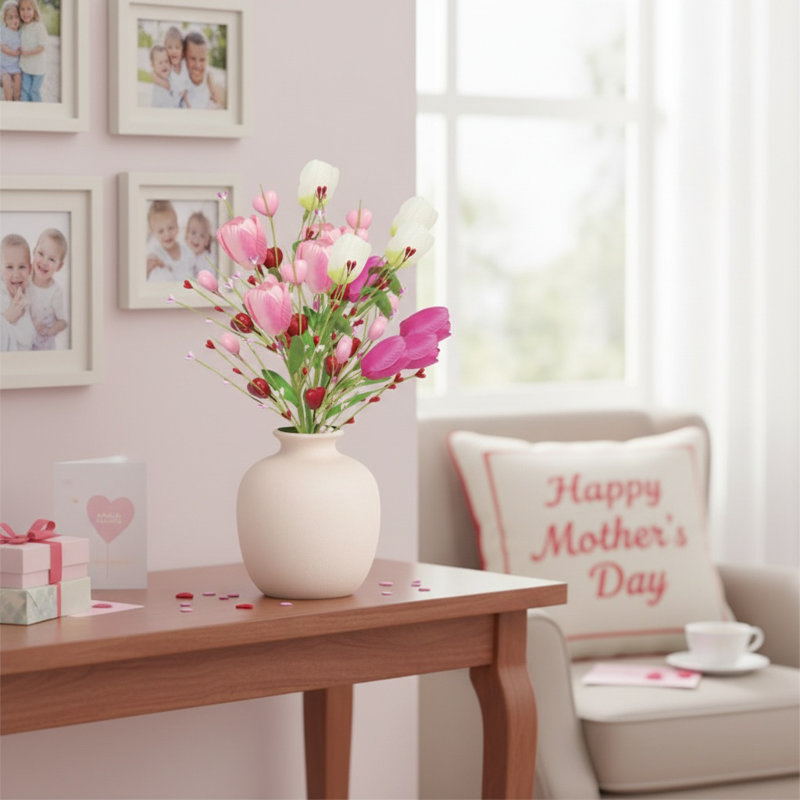Coffret de 6 fleurs artificielles de la Saint-Valentin 14 po en forme de cœur, branches de baies rouges, cœurs en mousse rose, rose, centre de table, décoration de table, décoration de cadeaux de Saint-Valentin