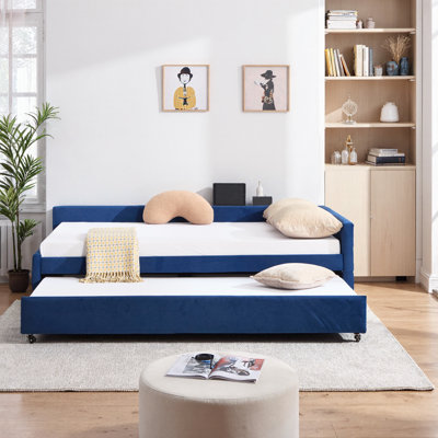 Navy Velvet L-Shaped Daybed with Trundle - Modern Diamond Grid Design, Space-Saving Corner Sofa Bed for Bedroom & Guest Room