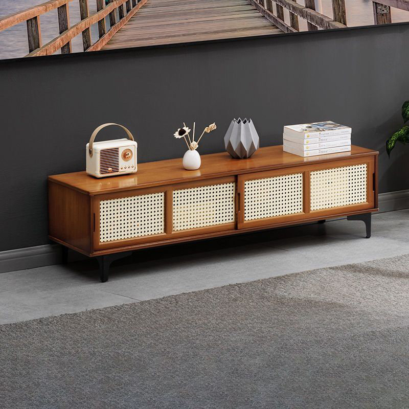 Meuble télé en bambou 2 portes avec porte coulissante, console de rangement moderne, Brun