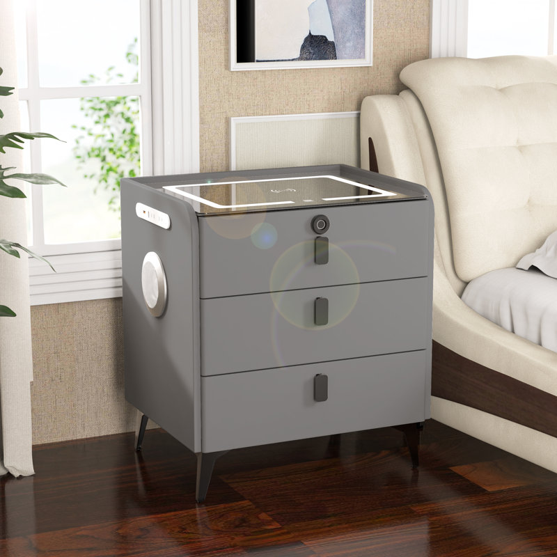 Kaylena 3 - Drawer Nightstand with Fingerprint Lock and LED Lights and Music Player, Grey