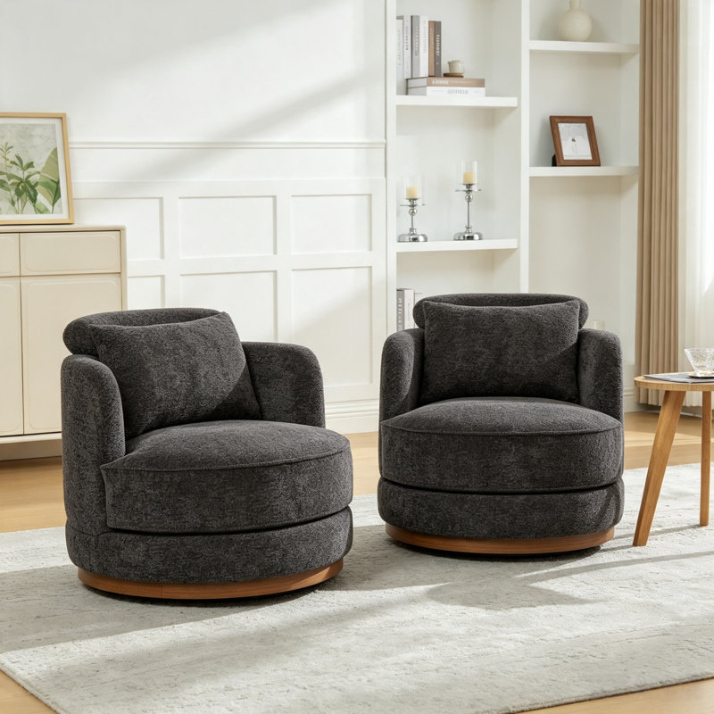 Fauteuil d'appoint pivotant en chenille de 33,8 po de largeur avec appui-tête réglable et anneau décoratif en bois