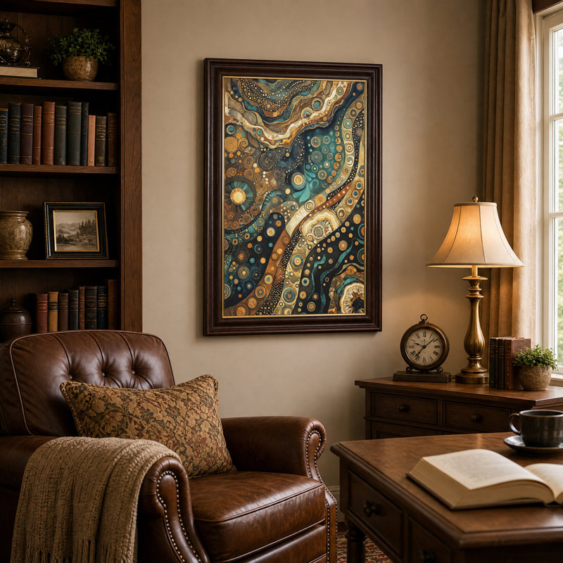 Tableau abstrait à motifs de cercles tourbillonnants turquoise et or sur toile, H 18 po x l 12 po