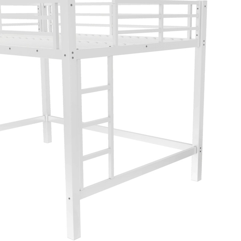 Grand lit mezzanine en métal blanc avec garde-corps, échelles doubles et un meuble facile à assembler pour la chambre à coucher