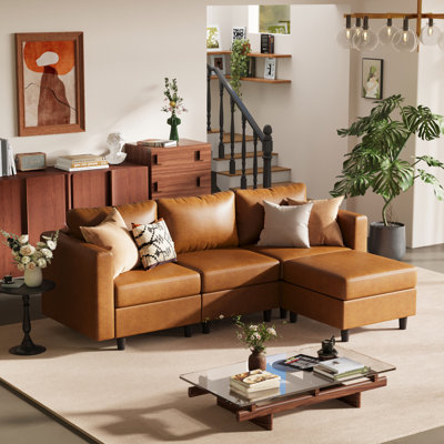 Canapé modulaire réversible en L de 91,5 po avec siège de rangement Caynemore 4 pièces - Similicuir brun