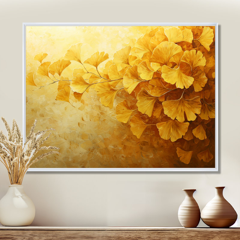 Clarcie Golden Ginkgo Leaves Harmony II - feuilles, art mural pour le salon, Impression encadrée flottante, H 24 po x l 32 po