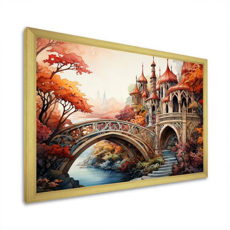 «Orange Bridge Whimsical Archway», reproduction sur toile encadrée, H 12 po x l 20 po x P 1 po, Encadrement doré