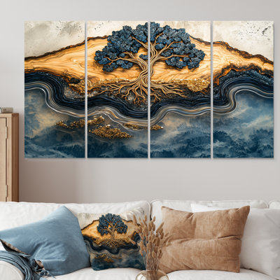Aqua infini doré, arbre de vie III - art mural arbre de vie - décoration murale traditionnelle 4 pièces