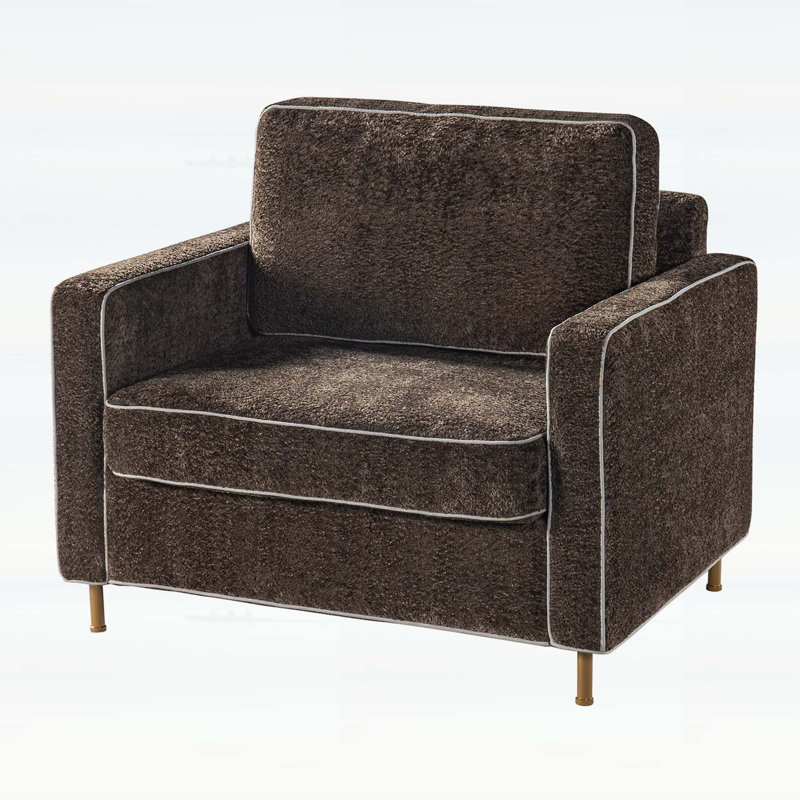 Chaise d'appoint rembourrée en chenille moderne de 42,1 pouces avec accoudoirs carrés, dossier cousu et pieds en fer jaune pour une utilisation polyvalente à la maison, brun foncé