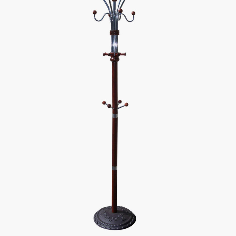 73" Tall Chrome and Wood Coat Rack, Cherry