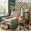 Kids Wooden House Bed Frame, 3ft Single Bed 90x190cm, Pine & MDF Bed with Safety Guardrail, 2 Rolling Storage Drawers, Playhouse Roof & Opening Window, Green & Natural Finish