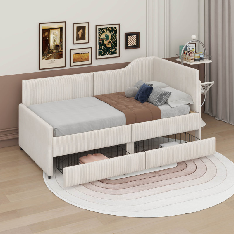 Anarkali Twin Size L-Shaped Corduroy Daybed with 2 Storage Drawers, Beige