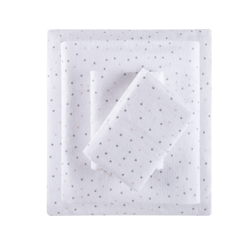 Cozy Soft 100% Cotton Flannel Sheet Set, Full Sheet Case Pack with Fitted Sheet, Gray/Pink Dots