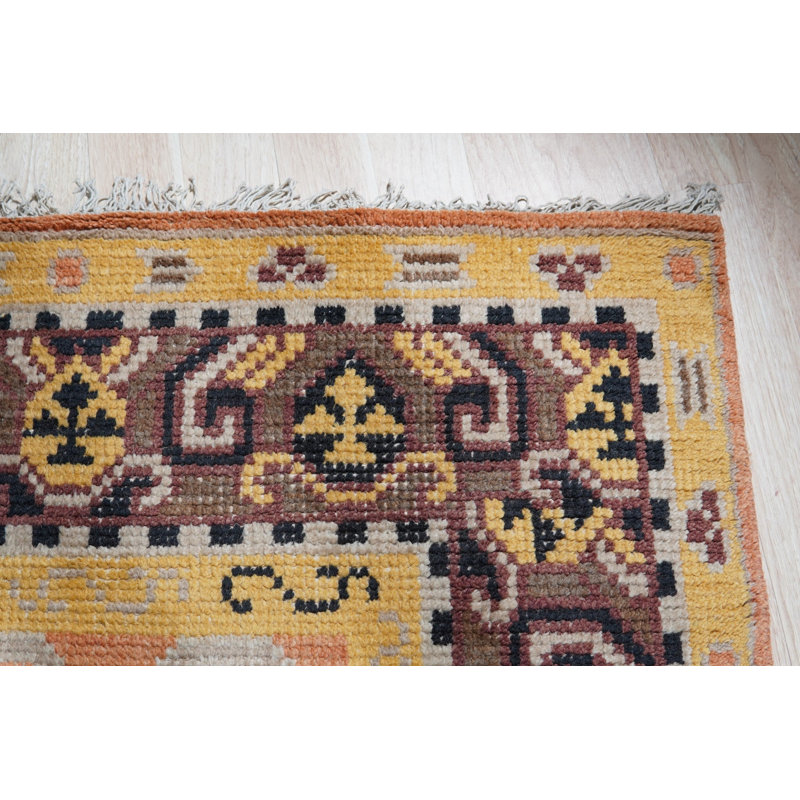 Tapis jaune à motif géométrique moderne en laine noué à la main jaune, 9 pi x 12 pi