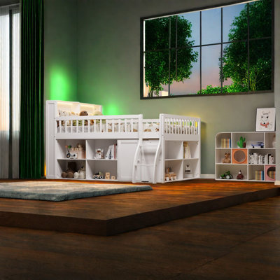 Lit mezzanine double compact avec rangement en bois