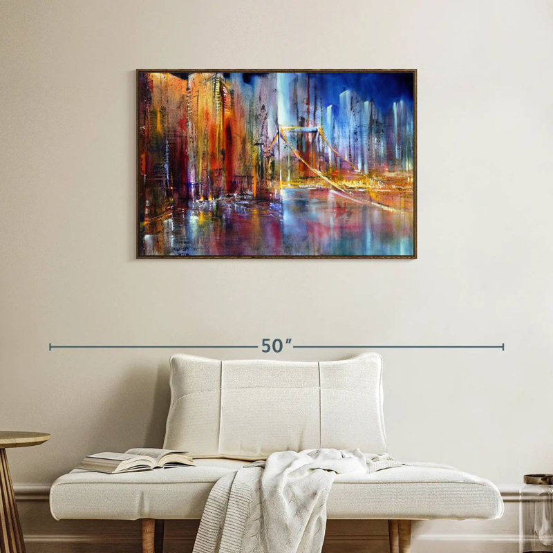 Paysage urbain vibrant, 37 po x 25 po, Cadre flottant noyer