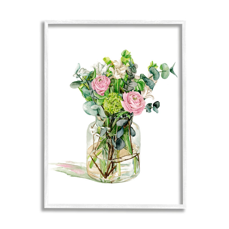 Rosée matinale, bouquet de fleurs de renoncule, feuillage vert, Giclée encadrée blanc bord de mer