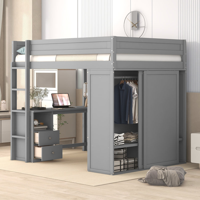 Lit mezzanine avec bureau intégré et garde-robe, Double, Grey