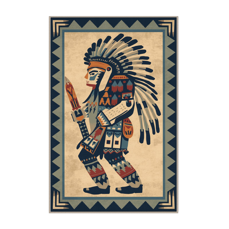 Soft Plush Duran Hopi Kachina Warrior Global Inspired Block Print Area Rug in Brown – Beige Binding, 8x12