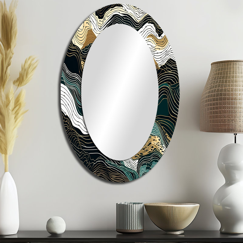Exploring Abstracted Lines III - Green Modern Oval Wall Mirror, 36" x 24"