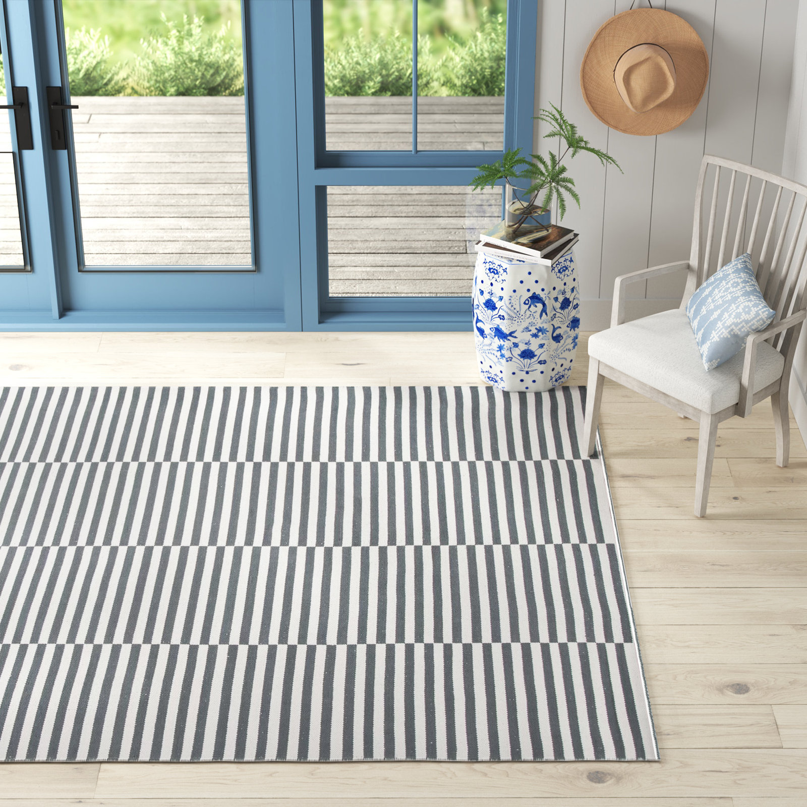Ilona Ivory Gray Striped Cotton Rug, Rectangle 5' x 7'