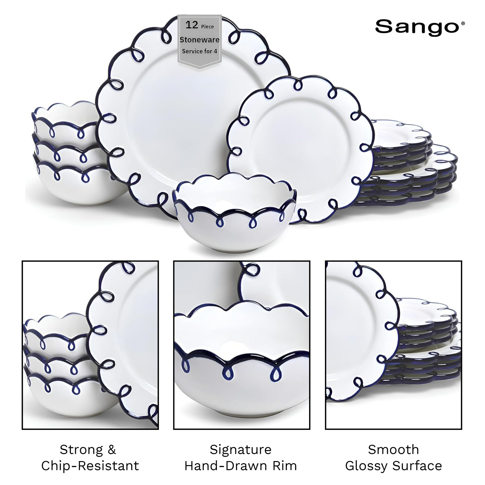 Splash of Cheers Round 12 Porcelain Dinnerware Set, Navy
