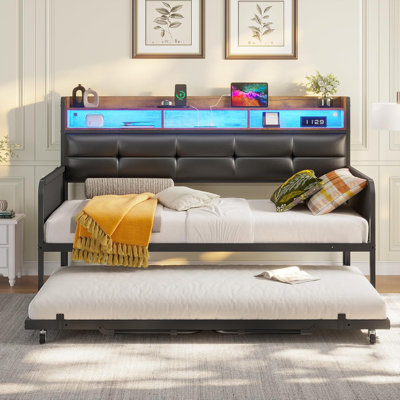 Daybed With Trundle, Twin Day Bed with Upholstered Headboard and Charging Station by Ivy Bronx
