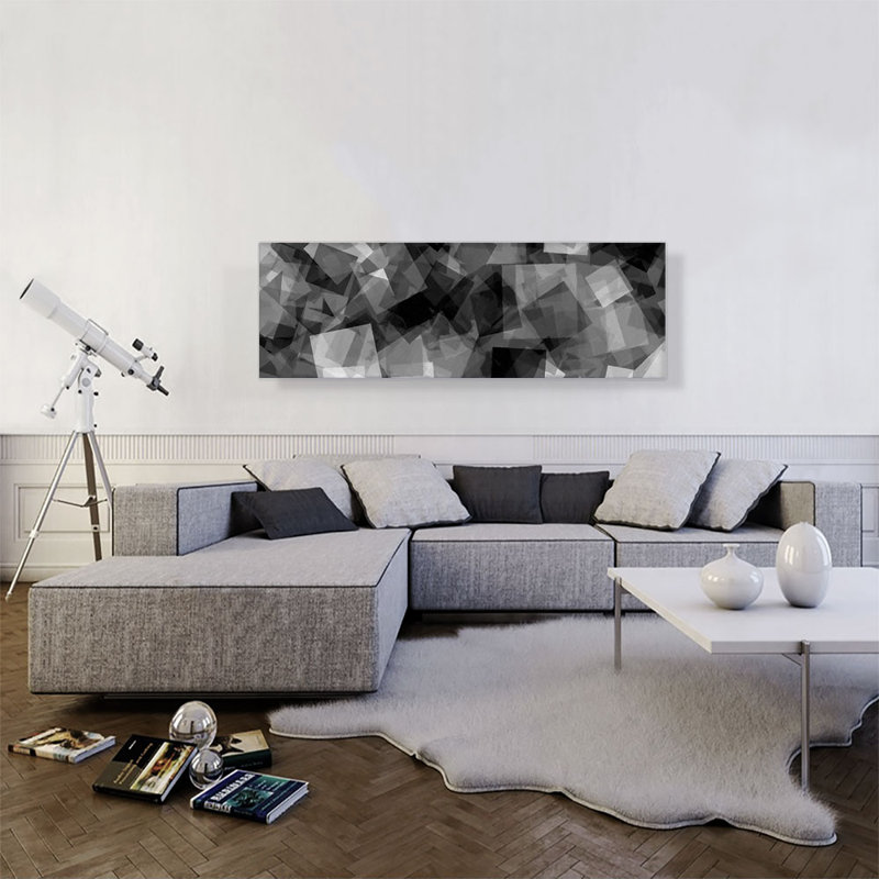 «Black Grey White Squares Modern», reproduction d'art sur toile panoramique, H 16 po x l 48 po x 1,5 po