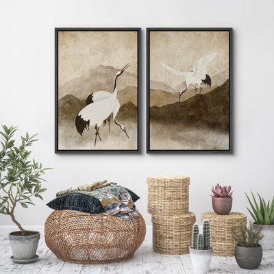 «Cranes Forage On The Mountain», reproduction d'art sur toile encadrée brune
