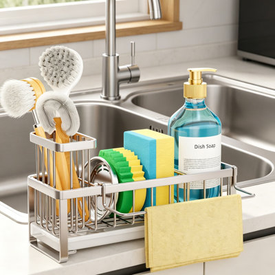 SWTYMIKI Kitchen Sink Caddy Organizer - Stainless Steel Sponge Holder with Drainage and Brush Holder
