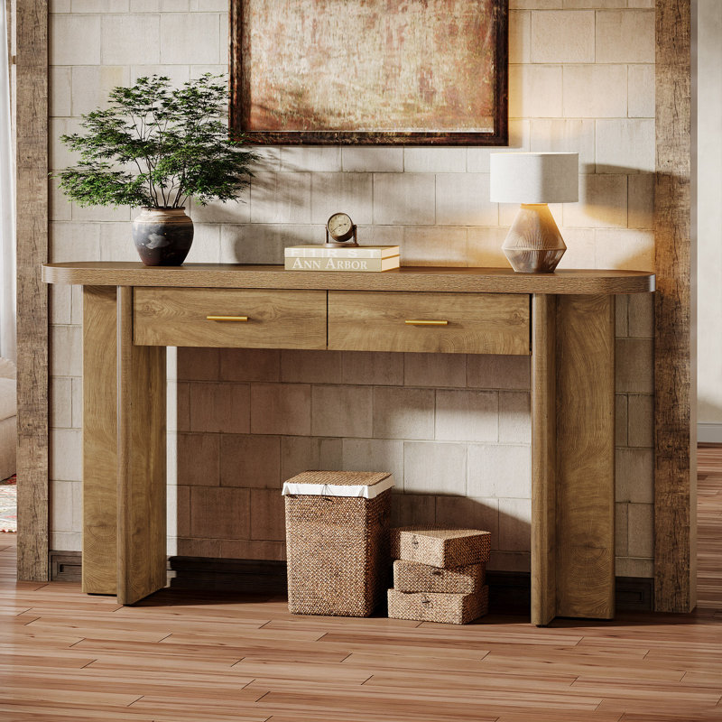 63" Long Console Table with 2 Drawers, Wooden Entryway Table with Storage, Modern Rustic Brown, Rustic Brown