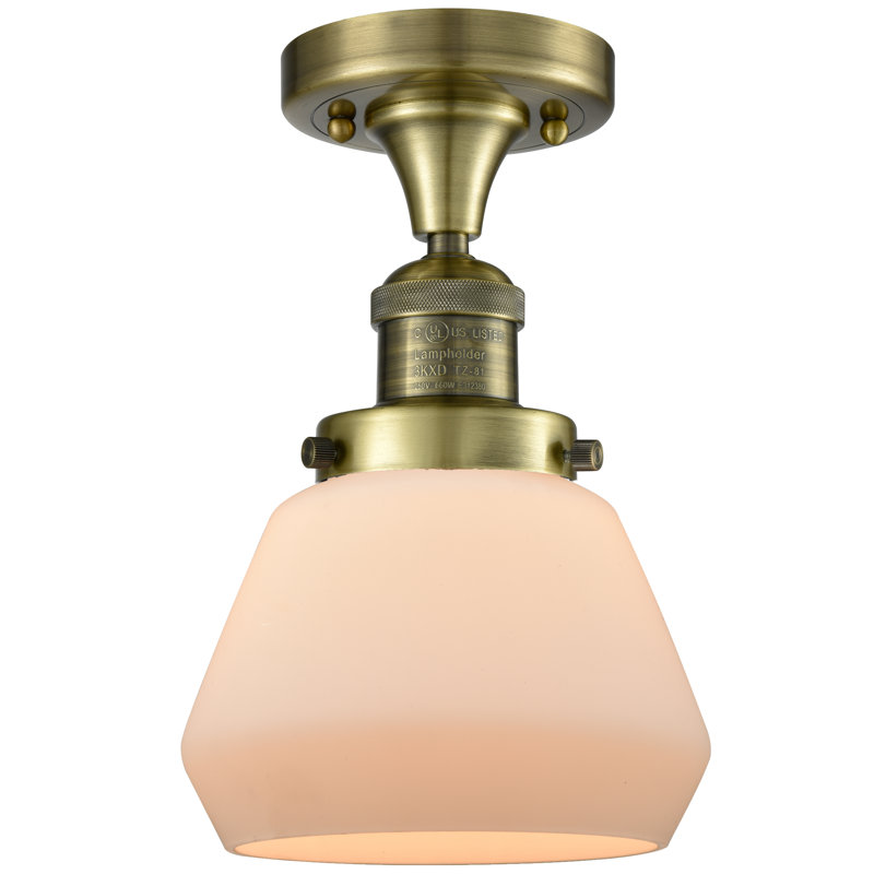 Argueta Glass Semi Flush Mount, Antique Brass, Matte White Cased, 6 Watt Vinage LED Bulb